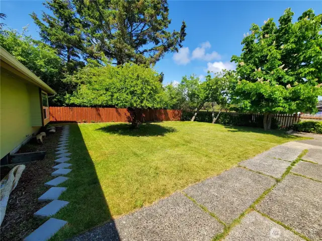 The yard has is maliciously cared for with apple and plum trees.