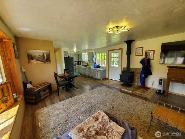 Living room with fireplace and great lighting.