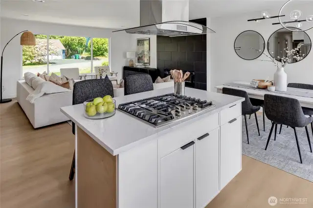Island with gas range.