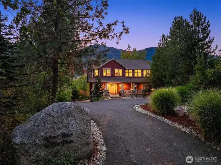Known as River Haus in the Pines, a paved driveway and easy landscape entrance.