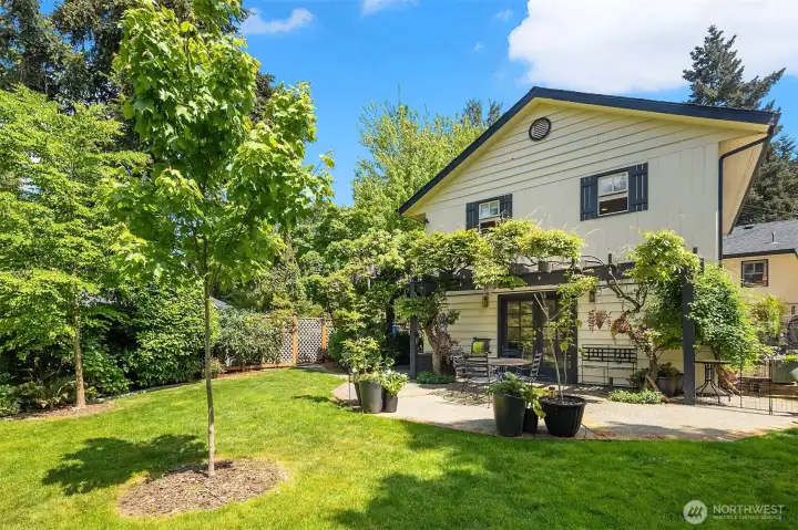 Beautiful back yard with grassy lawn & wisteria-draped arbor that blooms each spring.