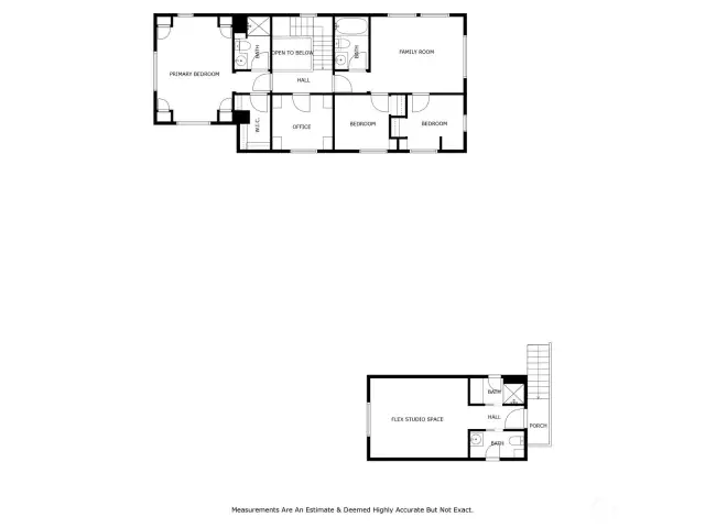 Second level floorplan for both the main house & garage/flex studio space
