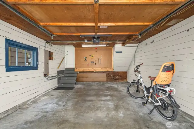 One car garage with room for storage.
