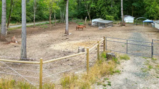 pasture with solar powered fencing ,  Tuff Shed chicken coop with electric
