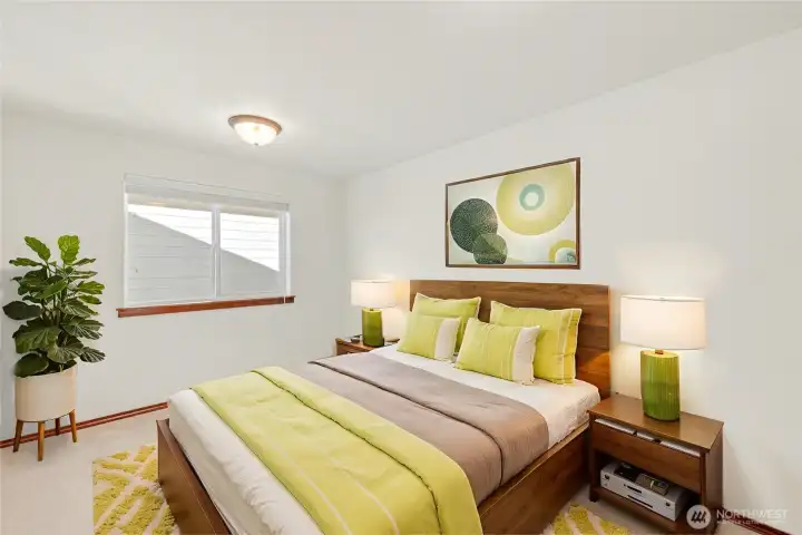 Virtually staged 2nd upstairs guest bedroom, subtly linked to the 1st offering versatility for home office, additional living space, or playroom.