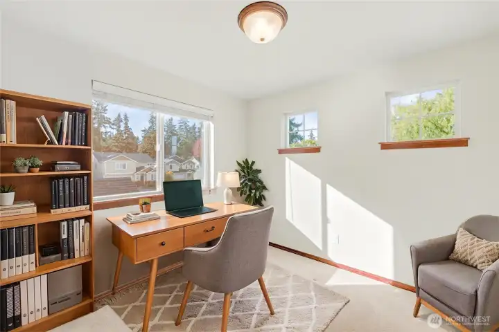 Virtual staged 3rd upstairs bedroom, with charming windows.