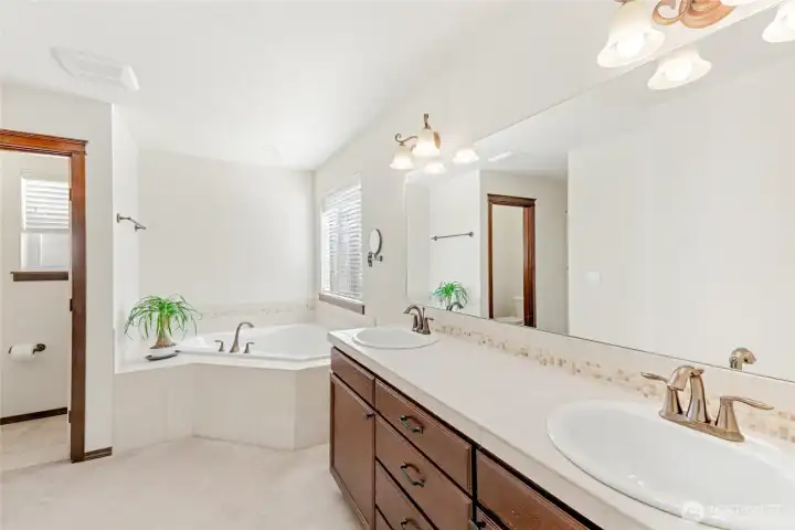 The primary en-suite bathroom features a dual vanity, large soaking tub and a separate water closet for added privacy and convenience.