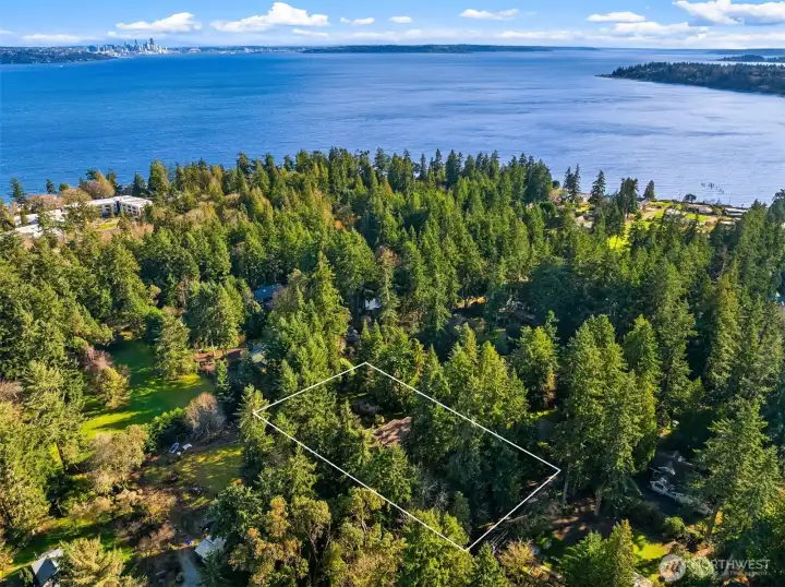 View from above looking northeast with Puget Sound and Seattle in the distance (property boundaries are approximate).