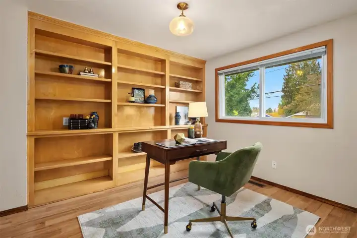 Upstairs bedroom 1 with beautiful built-ins.