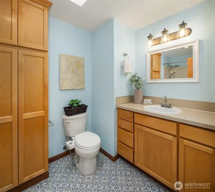 Full upstairs bathroom with skylight.