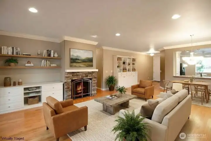 Another view.  White cabinets offer extra storage.   Open dining area,