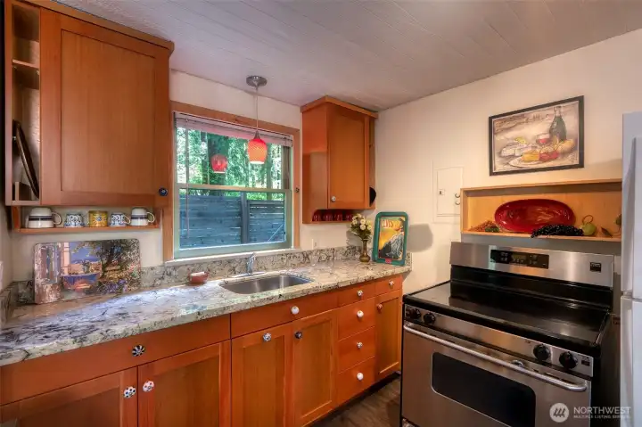 FRESHLY UPDATED kitchen boasts custom, soft-close cabinets, granite counters, lighting and new floors.