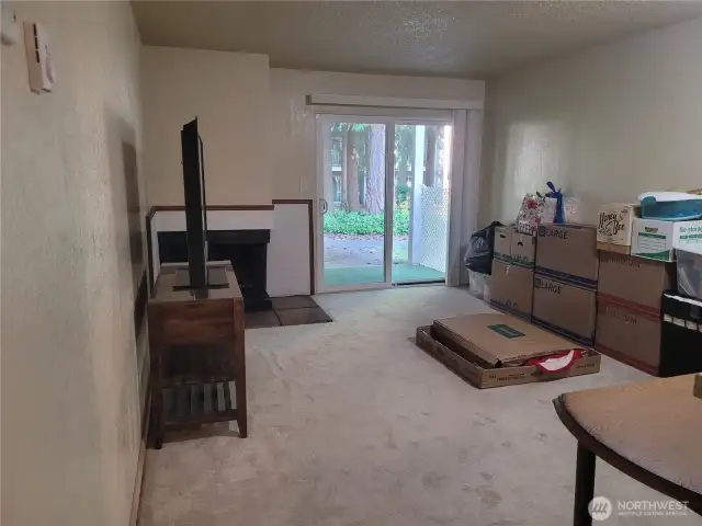 Cozy fireplace, nice size living room.