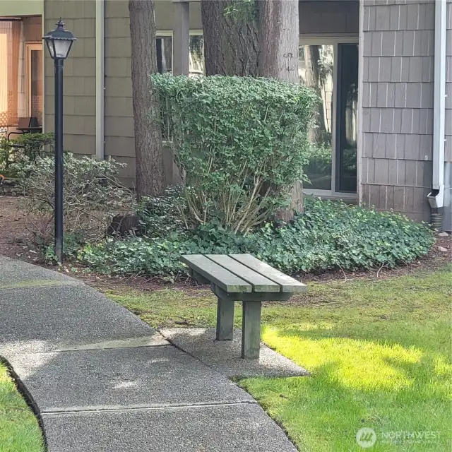 Pretty lamps light the walking paths, benches to sit and enjoy the nature area.