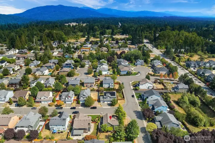 Looking East towards the Cascade Mountains.  Red dot marker on the house.