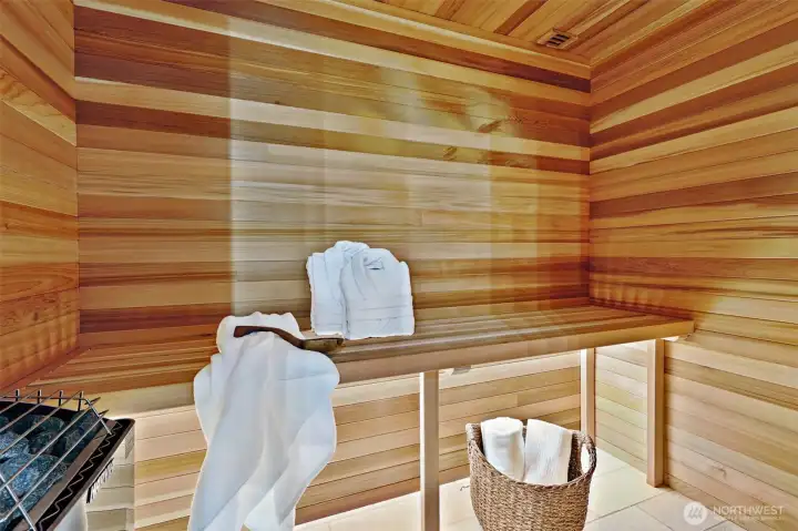 Sauna in lower level bathroom includes motion sensor lighting.
