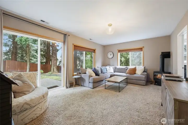 Lower level features a large family room with gas log free standing stove and sliding doors to back yard.