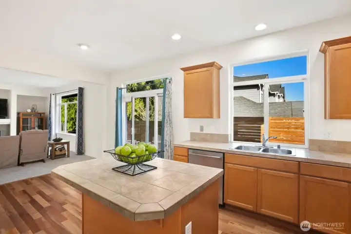 Kitchen with view into family room & backyard.  All new paint throughout (ceilings & walls) - March 2026.