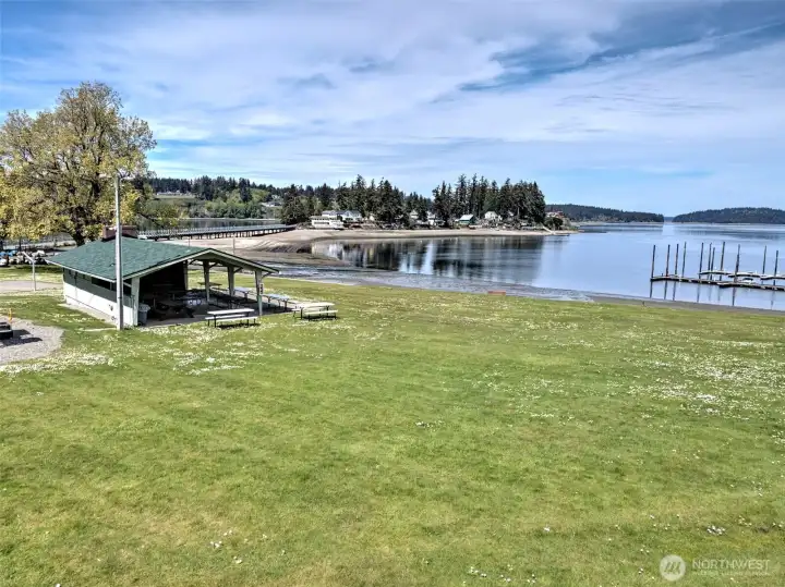 Carlyon Beach private community beach with boat moorage and a boat launch into beautiful Puget Sound.