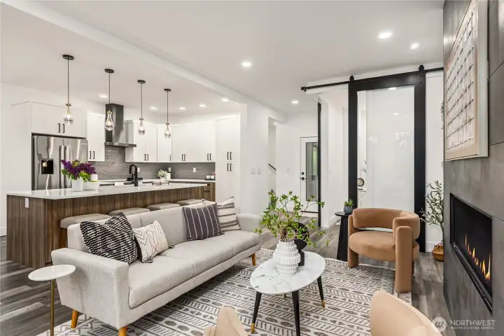 The flow from the kitchen, dining, living and office space is a great use of space.