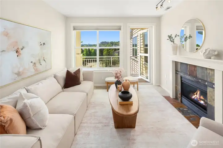 Gas fireplace anchors the living room.