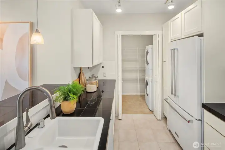 In the kitchen, looking down towards the pantry.