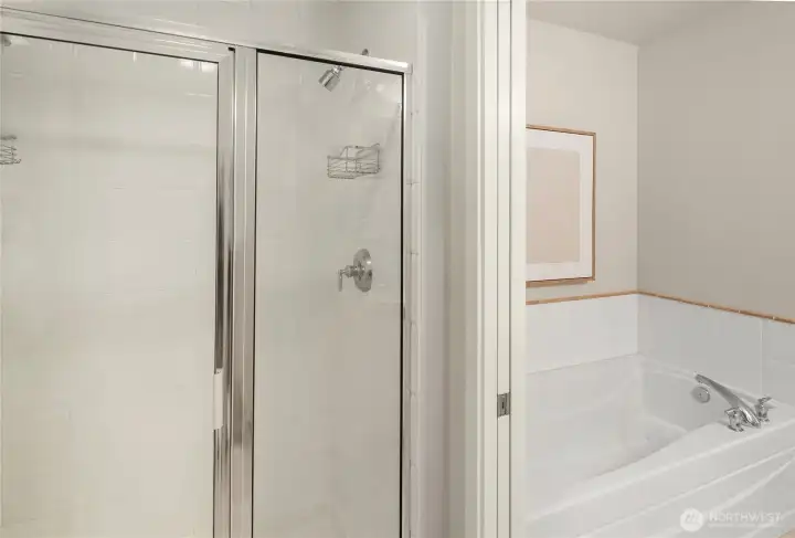 There is both a tub and a shower in the primary bathroom.