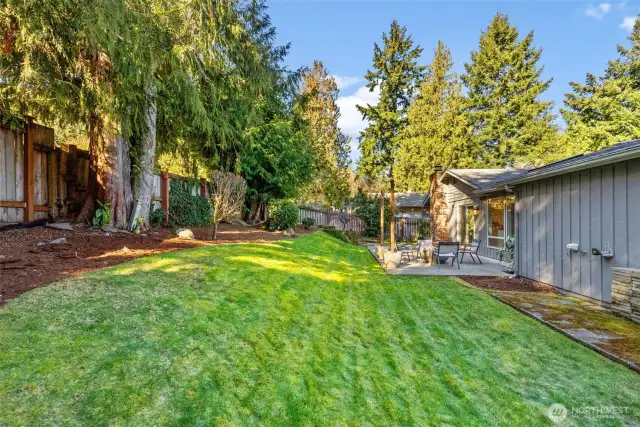 The expansive fenced backyard provides total privacy, creating a peaceful retreat right at home.