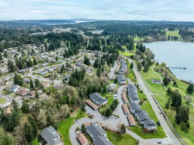 I-5 & light rail off to the left, Lake Ballinger to the right.