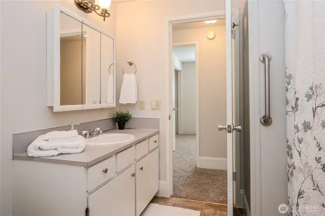 The Hall Bathroom features a tub/shower combo, vanity & sizable medicine chest/mirror for storing smaller toiletry items.