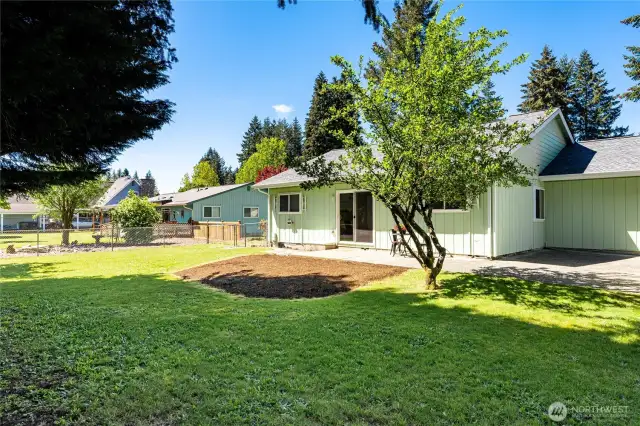 This space has plenty of room to run, play or garden. And there's space to BBQ in the shaded area to the right of the plum tree.