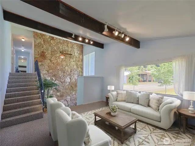 Vaulted ceilings with open wood beams