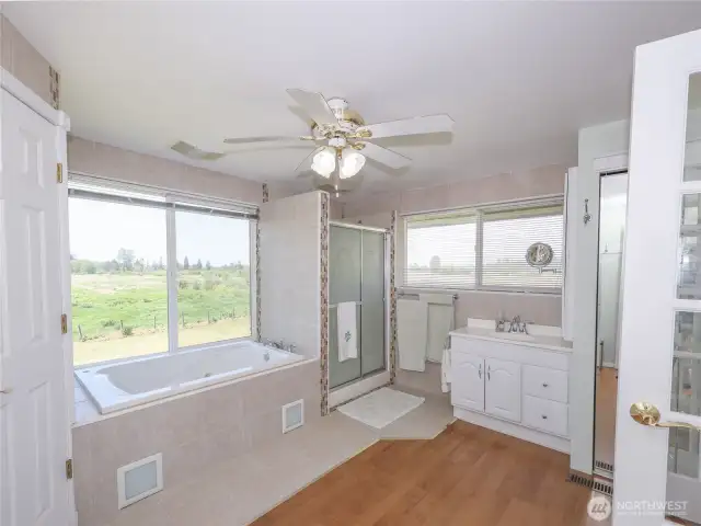 Primary bath with separate jetted soaking tub overlooking nothing but nature