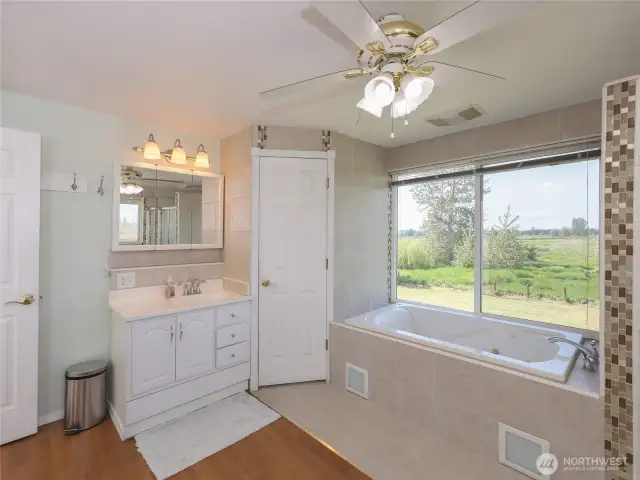 Toilet closet, separate vanities.