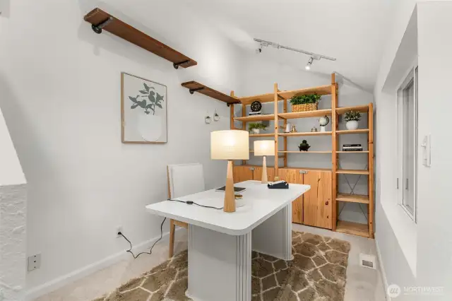 Office space with view of back yard.