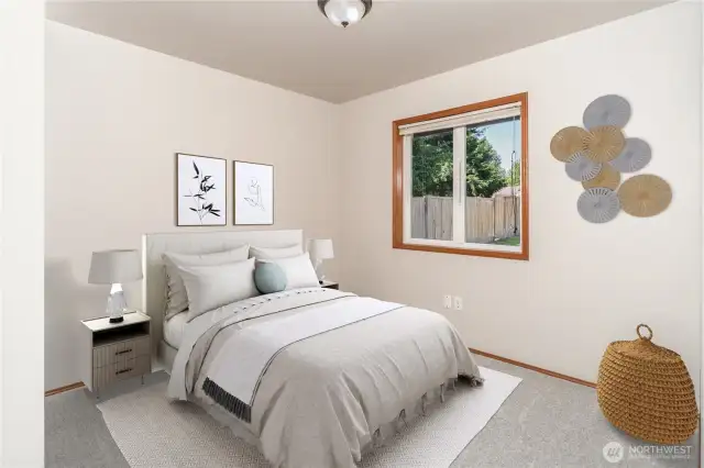 Comfortable & Versatile Second Bedroom – Great Size for Guests, Office, or Hobbies!  Photo is virtually staged. Carpet is new.