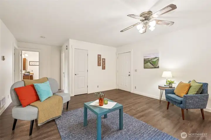 The primary bedroom (with it's own 3/4 bath), second bedroom and second bath, are easily accessed from the great room, but placed in a quiet wing away from the buys kitchen. Ceiling fan helps heating and cooling air flow.