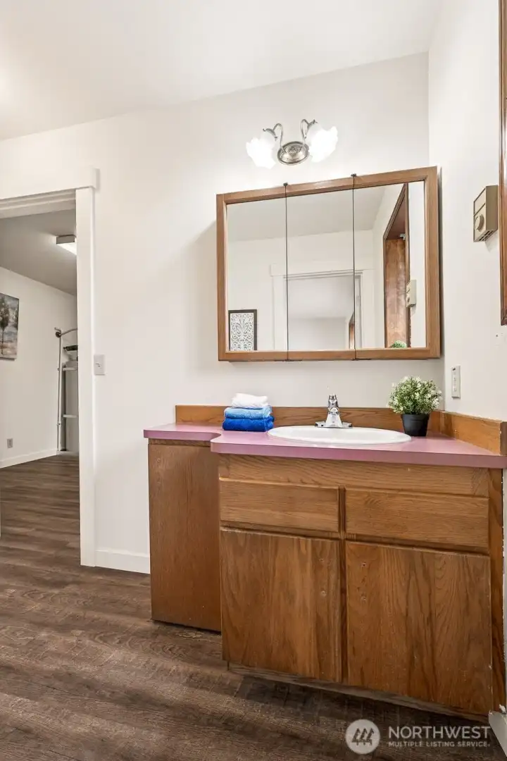 A view of the primary bath vanity and medicine cabinet upper mirror to help with storage of those day to day grooming items.