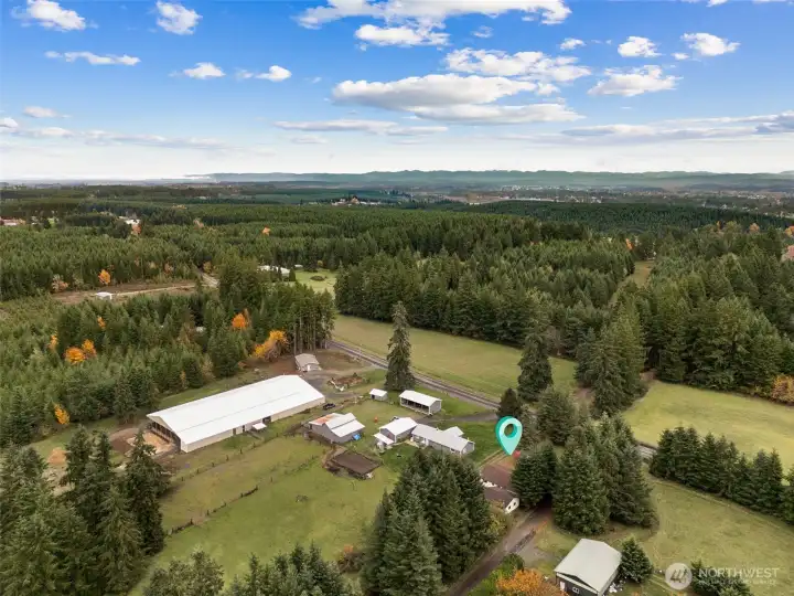 This ariel view market shows the position of the home among the neighboring properties.