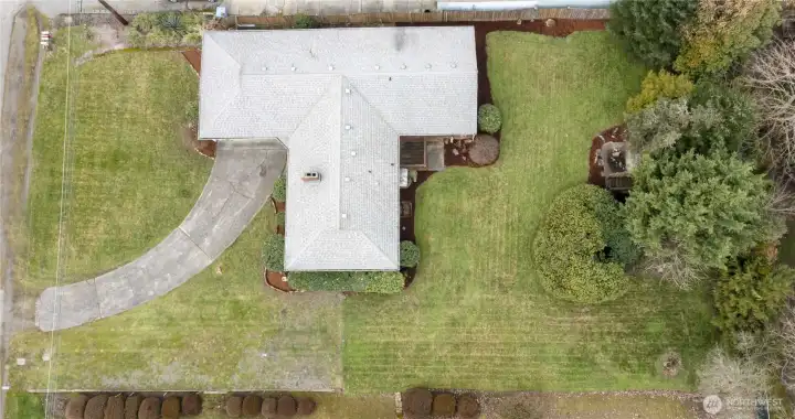Overhead view of whole lot. Yes, that is a huge circular rhododendron  in the landscaped back yard