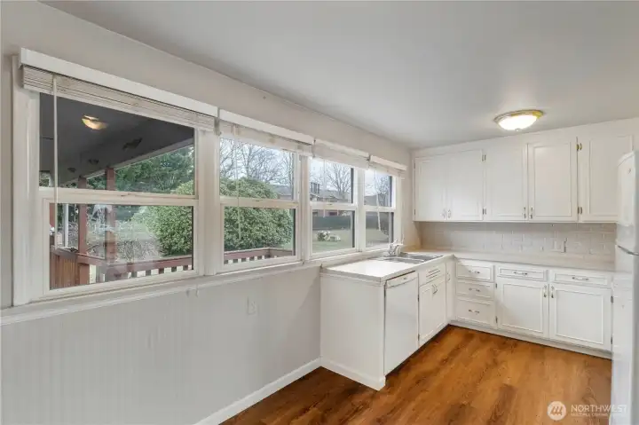 Long bank of windows from Dining Room through the Kitchen, looking out over large landscaped back yard & letting in wonderful light