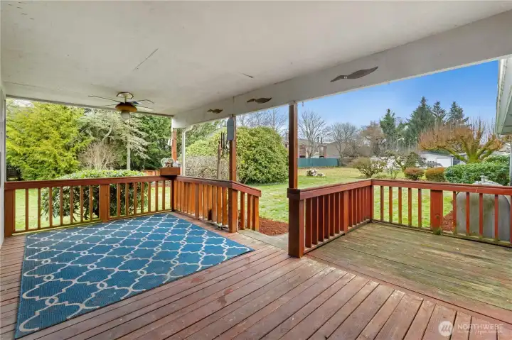 Covered patio with fan, throw carpet to set up seating and looking out back yard. To the right, uncovered area perfect for cooking in the open air