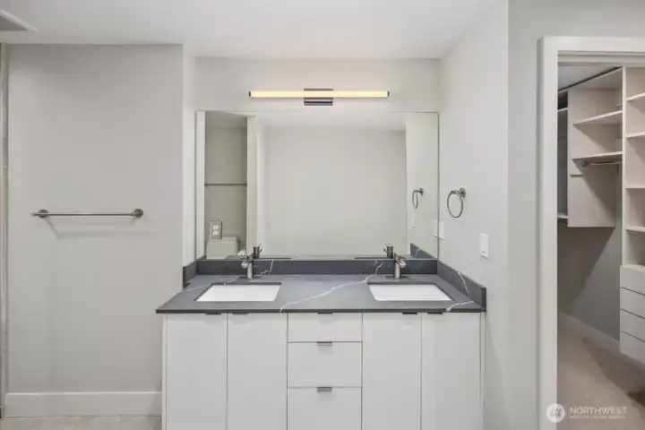 Double Vanity in Primary Bathroom with Quartz Countertops