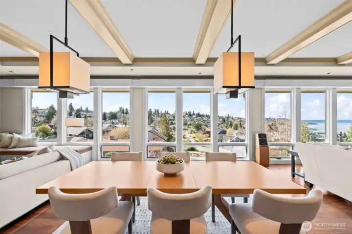 A dining room designed for conversations and views.