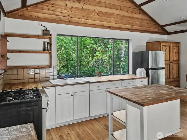 The kitchen looks out upon a beautiful current bush and the grounds beyond.