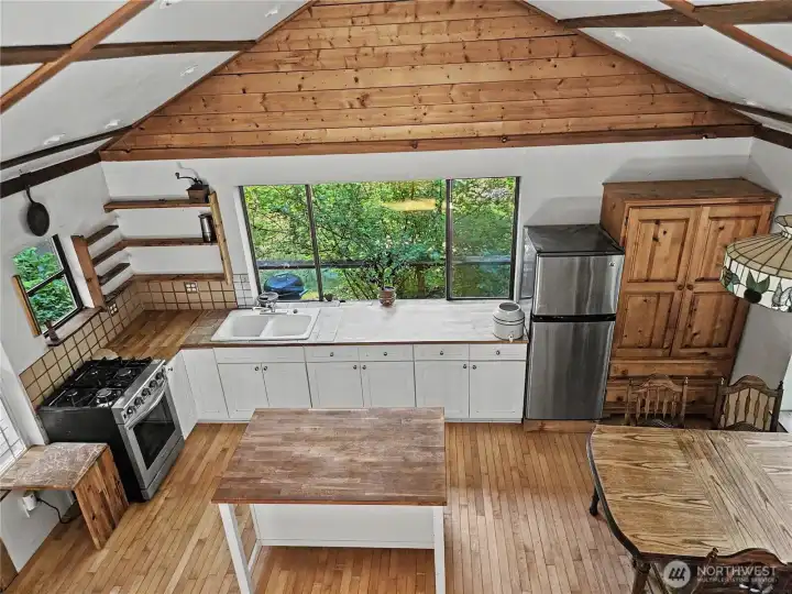 Looking down at the kitchen from the loft.