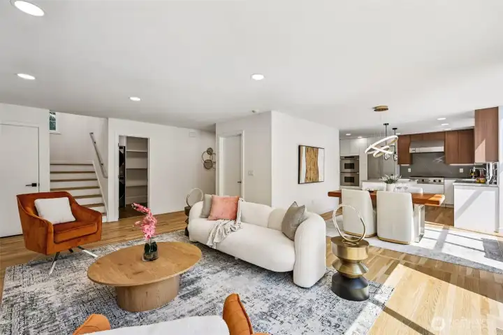 An open, connected layout creates an easy flow between the living, dining and kitchen areas.