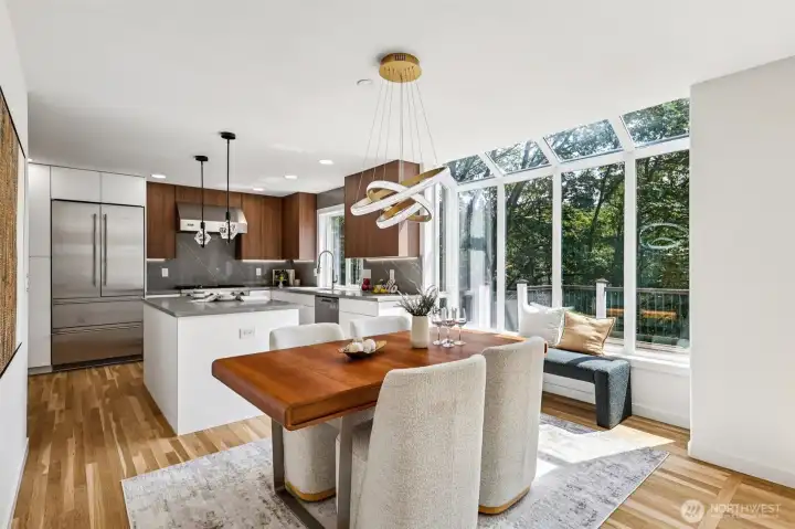 Enjoy meals surrounded by natural light and peaceful views of the mature trees.