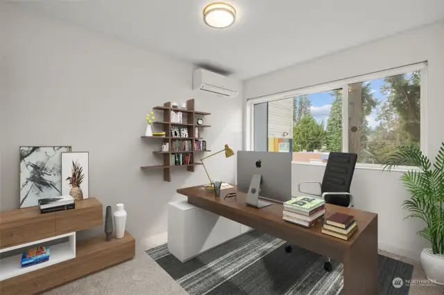 Spacious downstairs Bedroom is virtually staged as an office.