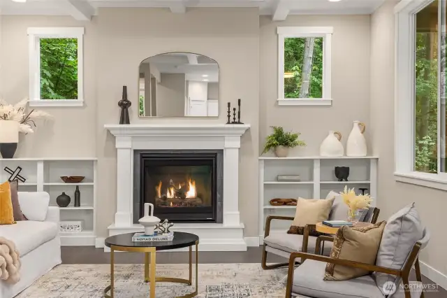The propane fireplace anchors the room and provides warmth and ambience.